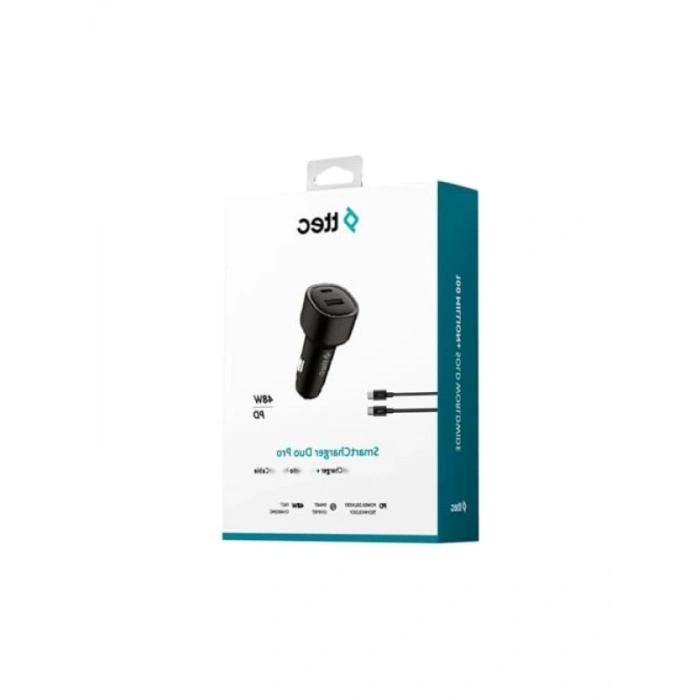 48W Araç Hızlı Şarj Aleti, USB-C + USB-A, Siyah Kablo