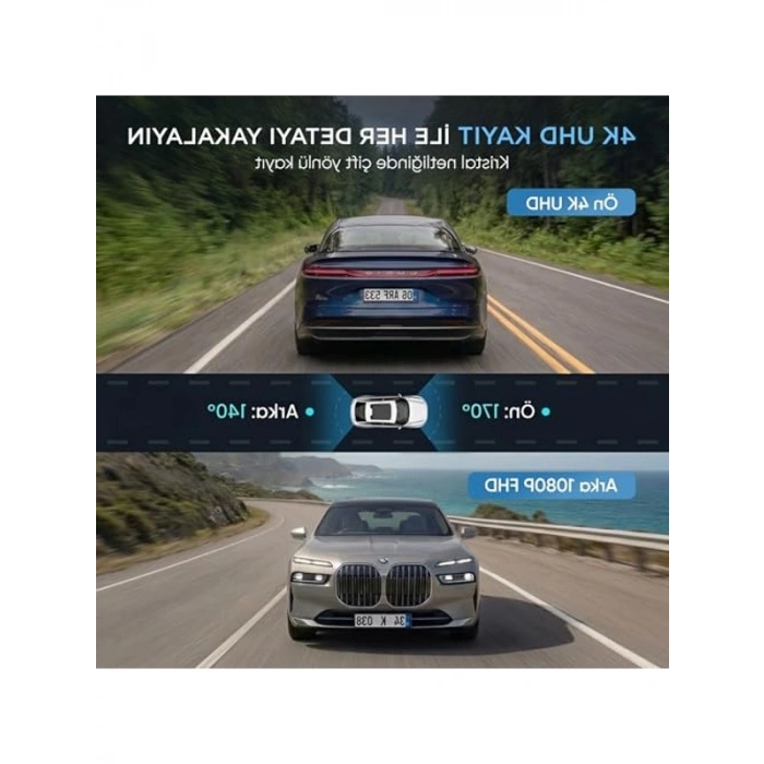 4K UHD Ön ve FHD Arka Araç Kamerası, Gece Görüş ve GPS Özellikleri