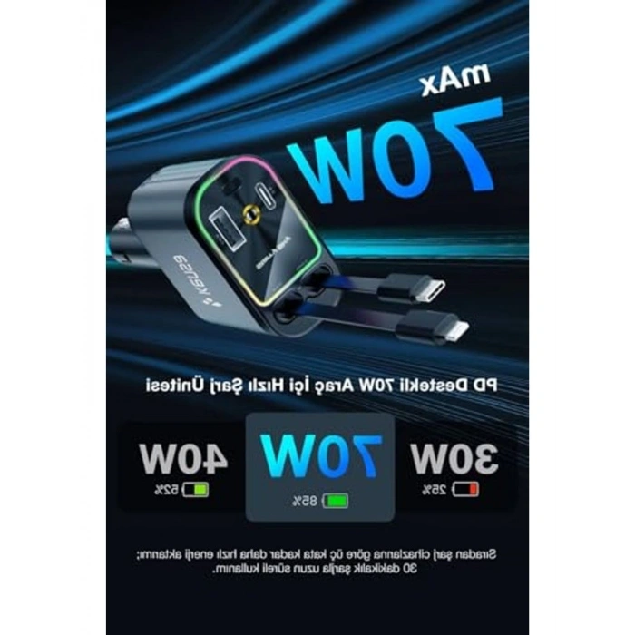 4’ü 1 Arada 100W Araç Şarj Cihazı Adaptörü Type-C + Lightning USB-C & USB-A LED Atmosfer Işığı Makaralı Kablo CR-75