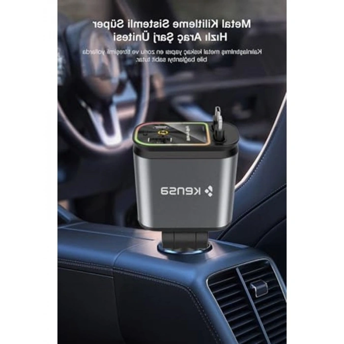 4’ü 1 Arada 100W Araç Şarj Cihazı Adaptörü Type-C + Lightning USB-C & USB-A LED Atmosfer Işığı Makaralı Kablo CR-75