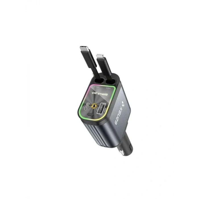 4’ü 1 Arada 100W Araç Şarj Cihazı Adaptörü Type-C + Lightning USB-C & USB-A LED Atmosfer Işığı Makaralı Kablo CR-75