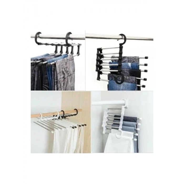 5 Katlı Siyah Hareketli Pantolon Askısı - Yer Kaplamayan Dolap İçi Askılık