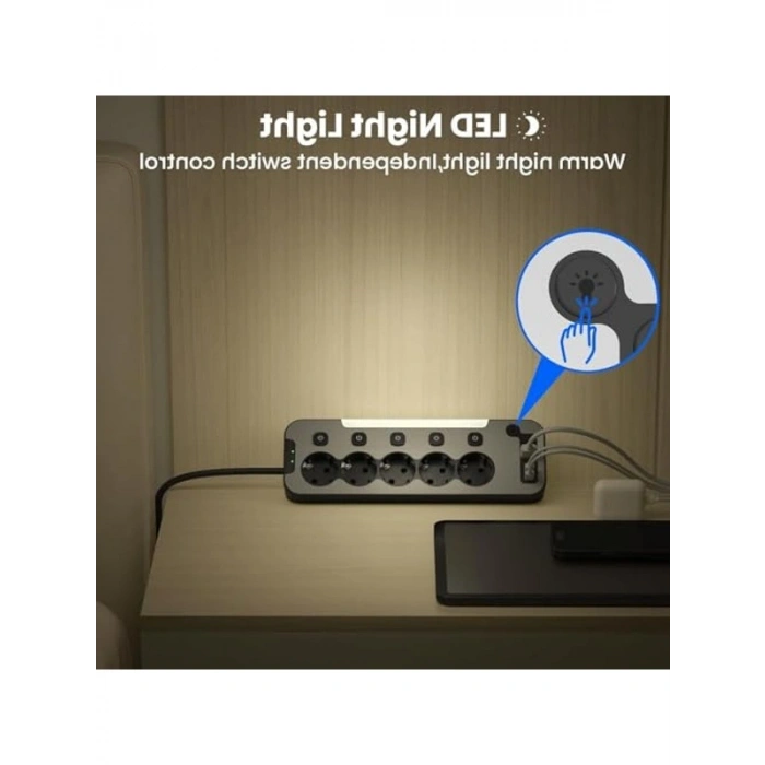 5li Işıklı Akım Korumalı Priz, 2 Metre Kablo ve USB Girişleri ile