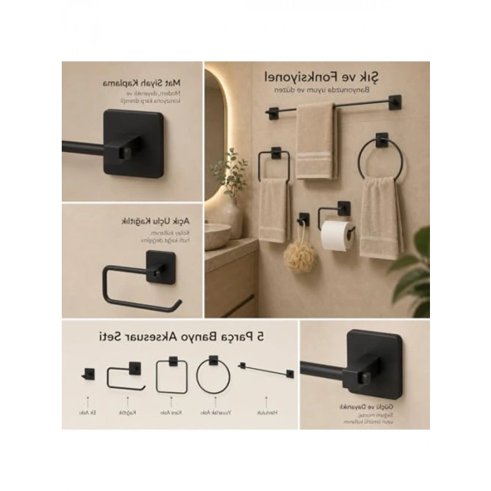 5li Metal Banyo Seti, Yapışkanlı ve Vidalı Montaj ile Kolay Kullanım