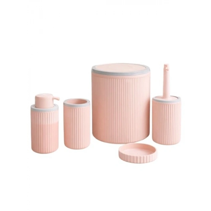 5Li Modern Banyo Seti, Açık Pembe, Çizgili Tasarım