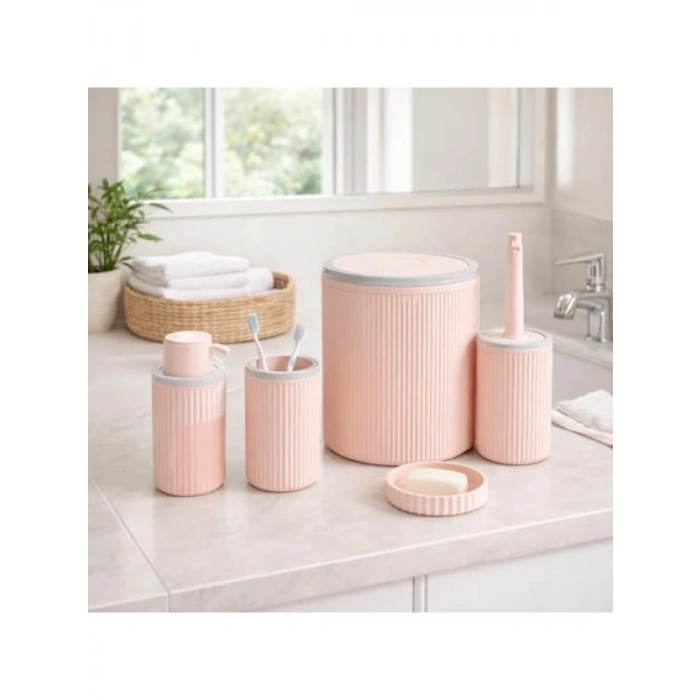 5Li Modern Banyo Seti, Açık Pembe, Çizgili Tasarım