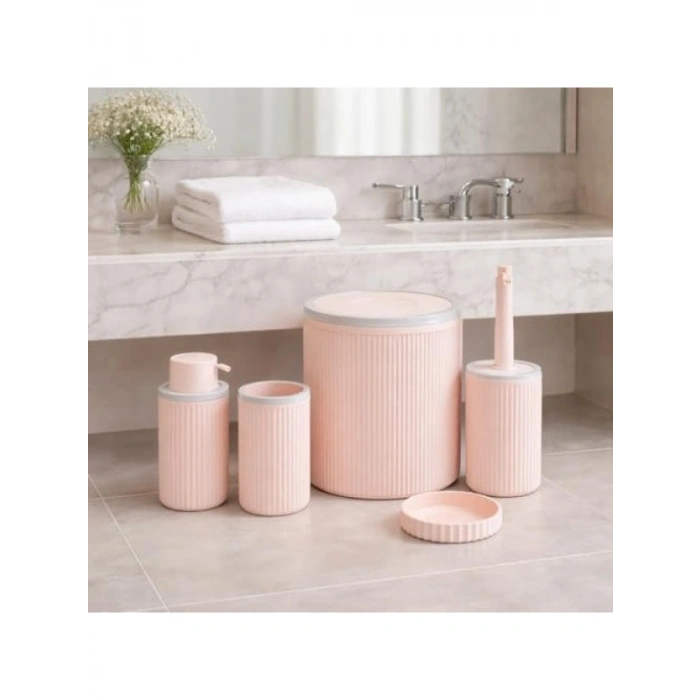 5Li Modern Banyo Seti, Açık Pembe, Çizgili Tasarım