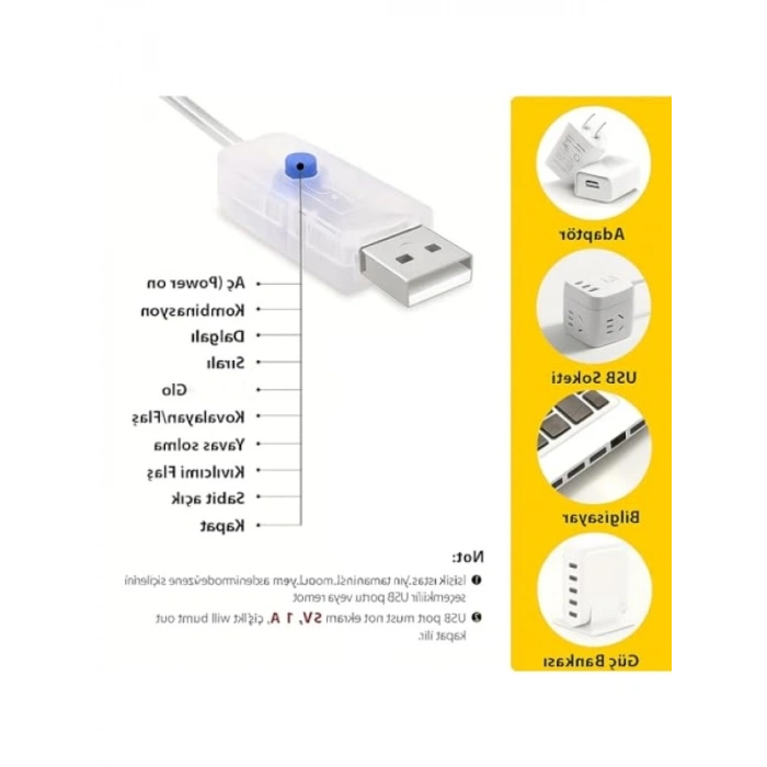 5 Metre Uzunluğunda SARI 50 LED Peri Işıkları - 8 Mod USB Aydınlatma