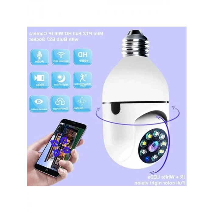 5 MP WiFi Ampul Kamera - 10X Zoom, Gece Görüşü, Hareket Algılama, İki Yönlü Ses