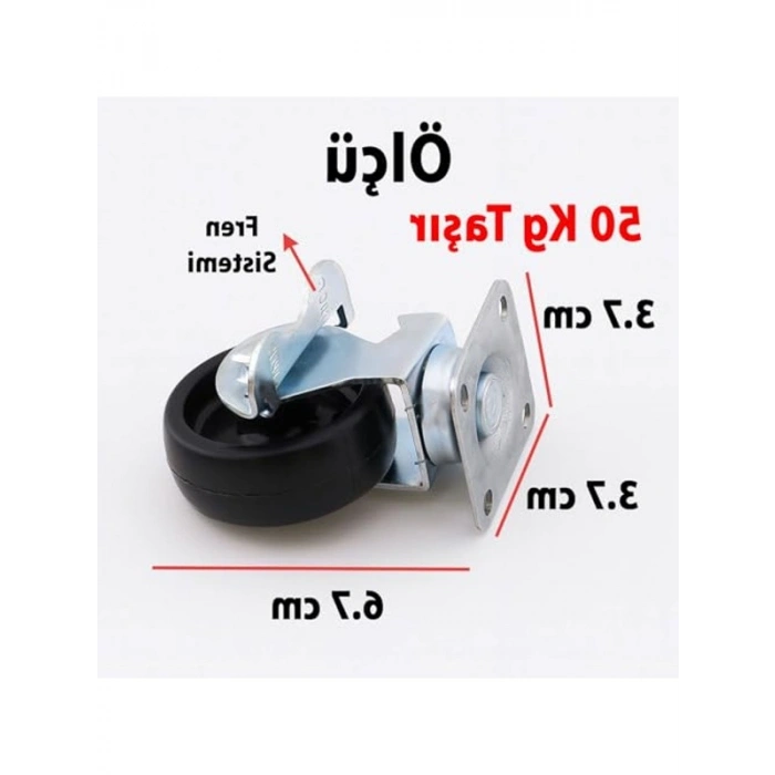 50 mm Tablalı Dönerli Frenli Mobilya Teker, 4lü Set, Siyah Metal