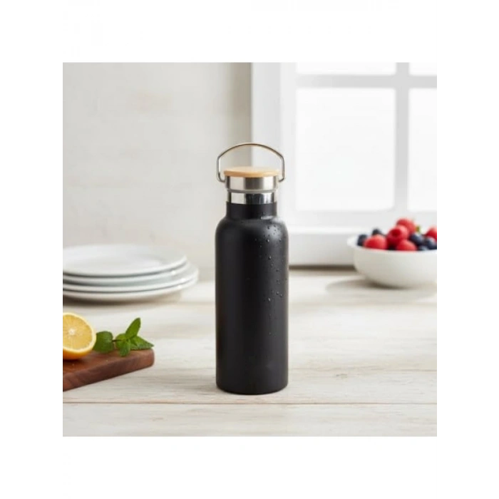 500 ml Kapasiteli Bambu Kapaklı Çelik Termos - Sıcak ve Soğuk İçecekler için