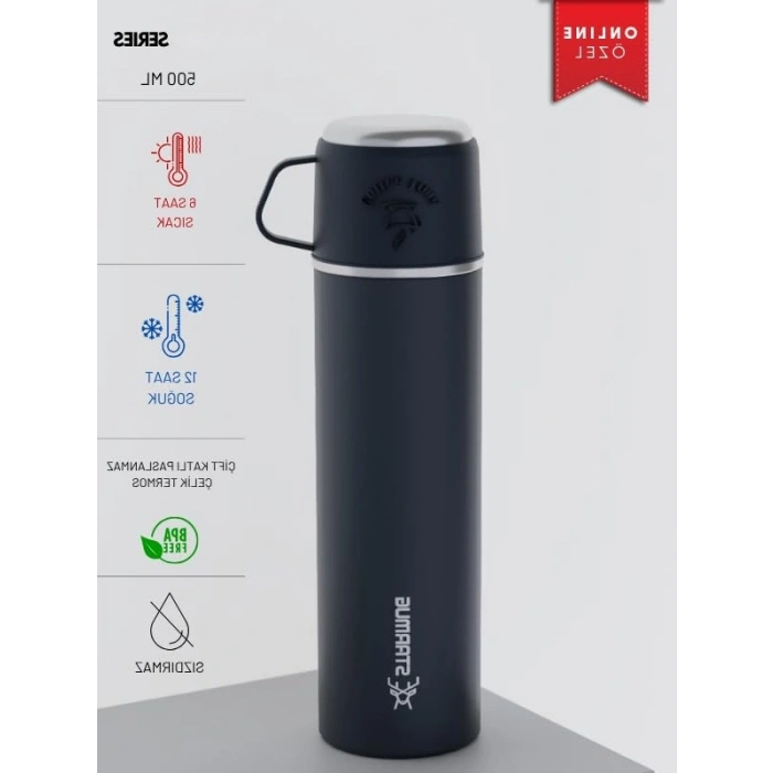 500 ml Kapasiteli Çelik Termos - Bardaklı Tasarım