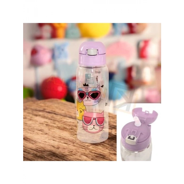 500ml Pipetli Matara, Lila Renk ve Kedi Desenli