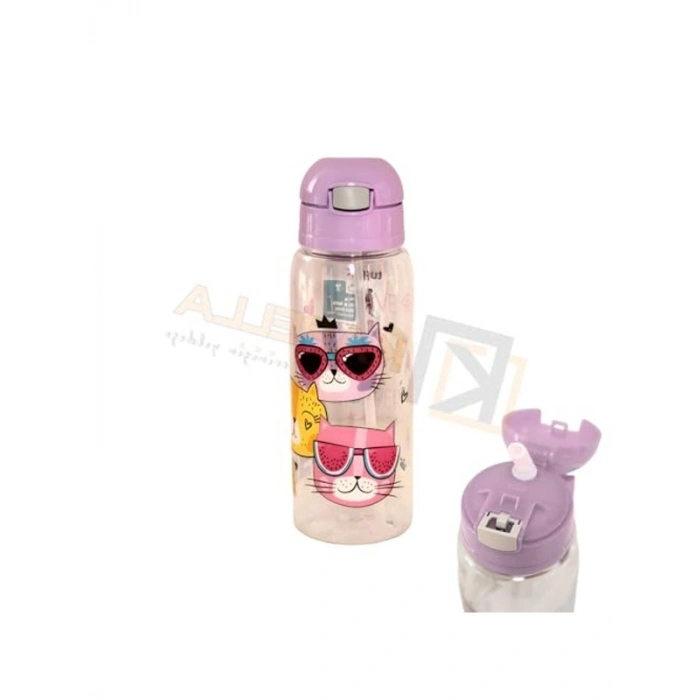 500ml Pipetli Matara, Lila Renk ve Kedi Desenli