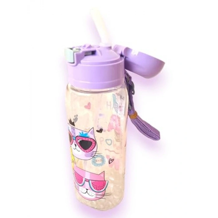 500ml Pipetli Matara, Lila Renk ve Kedi Desenli