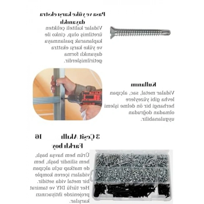 555 Adet 16 Çeşit Matkap Uçlu Vida Seti