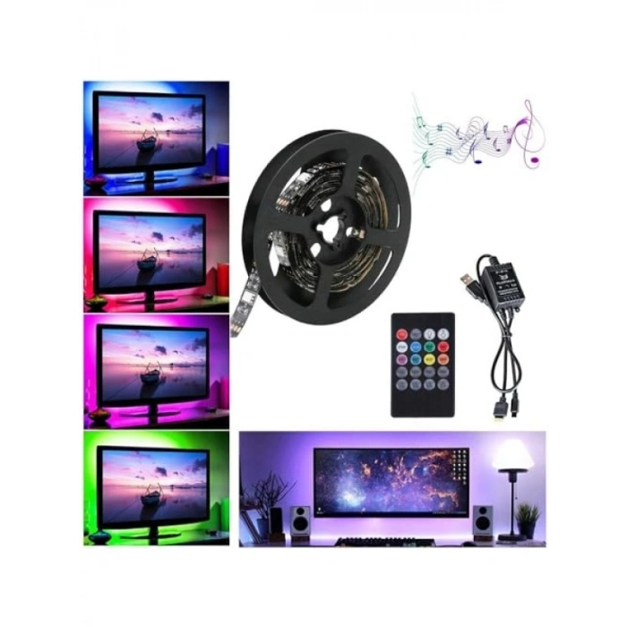 5V USB RGB Şerit LED - 100cm, Kumandalı ve Ses Sensörlü