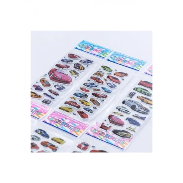 6 Adet Kabartmalı Yapışkan Sticker, Renkli Süper Arabalar Temalı