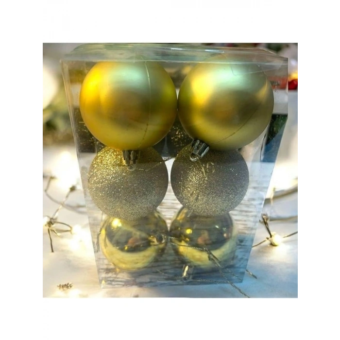 6 Adet Sarı Yılbaşı Topu, 6 cm, Çam Ağacı Süsü