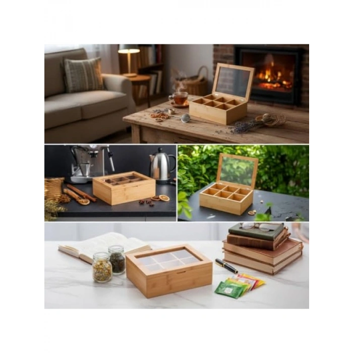 6 Bölmeli Bambu Çay Kutusu - Mıknatıslı Kapak, 21x16,5x7 cm