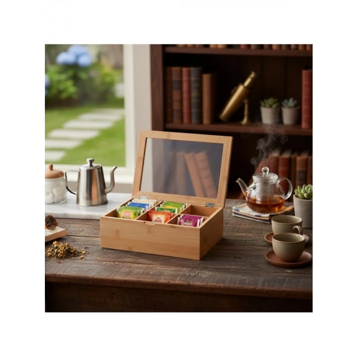 6 Bölmeli Bambu Çay Kutusu - Mıknatıslı Kapak, 21x16,5x7 cm