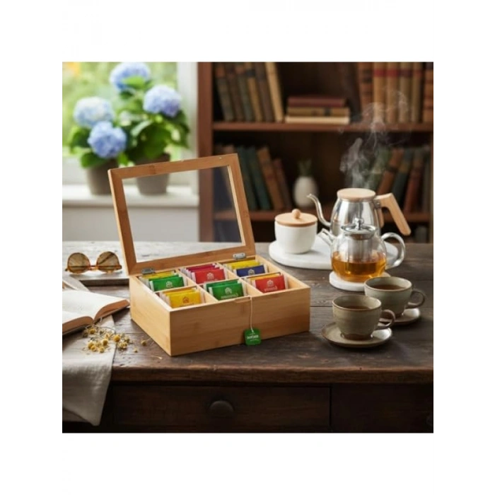 6 Bölmeli Bambu Çay Kutusu - Mıknatıslı Kapak, 21x16,5x7 cm