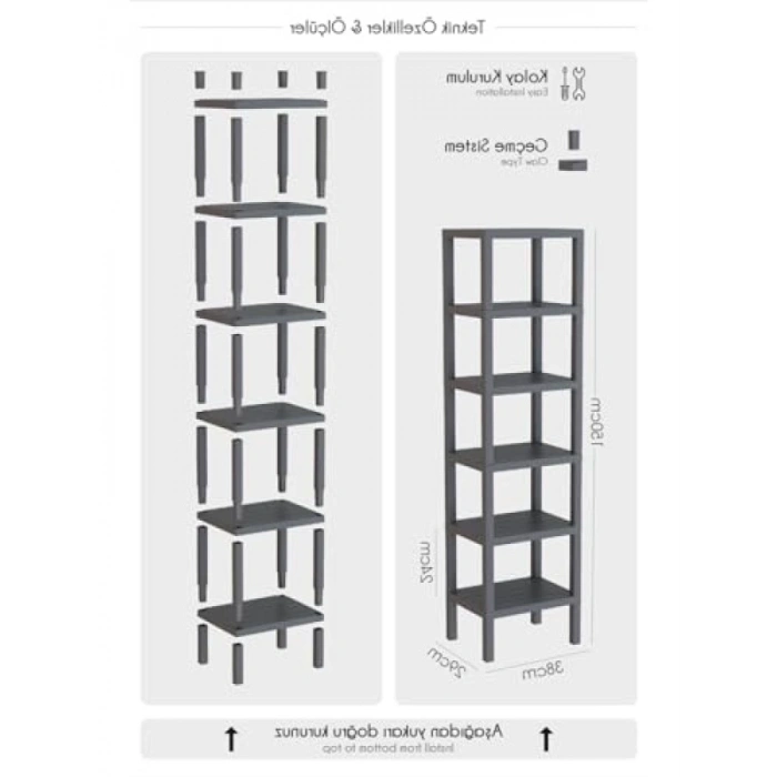 6 Katlı Plastik Banyo ve Mutfak Rafı - Gri