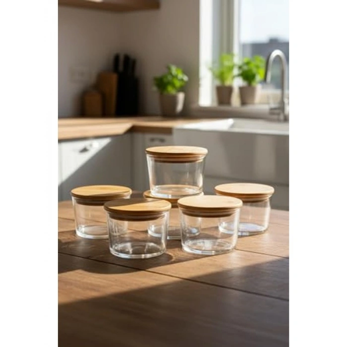 6lı Bambu Kapaklı Cam Kahvaltılık Saklama Kabı Seti, Hava Geçirmez