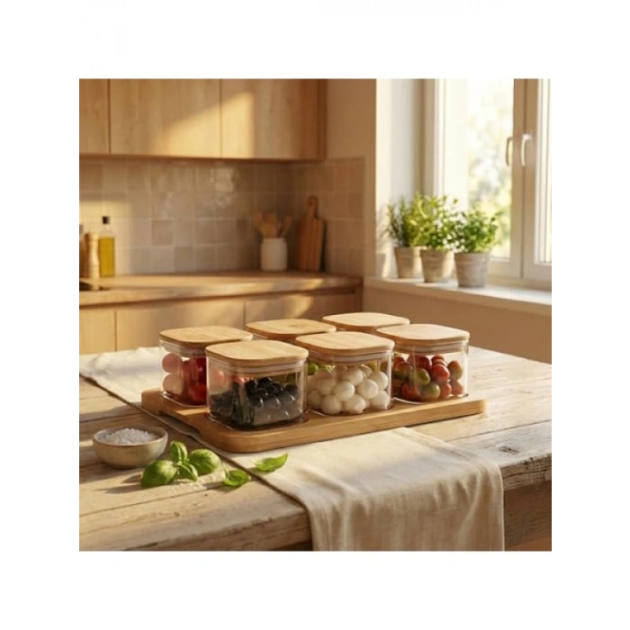 6lı Cam Kahvaltılık Seti | Bambu Kapaklı ve Ahşap Standlı (36x23 cm)