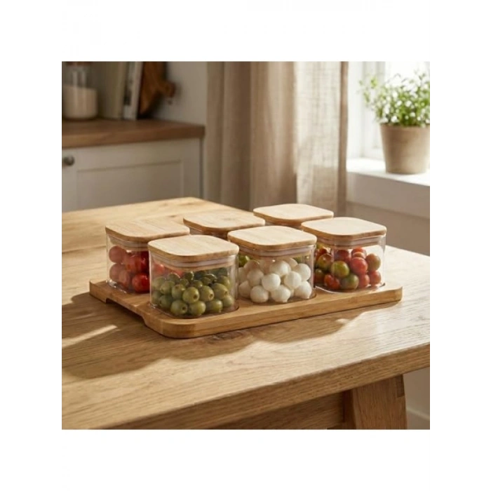 6lı Cam Kahvaltılık Seti | Bambu Kapaklı ve Ahşap Standlı (36x23 cm)