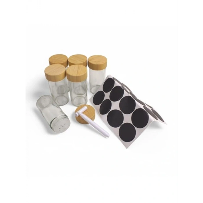 6lı Etiketli Cam Baharat Kavanozu Seti