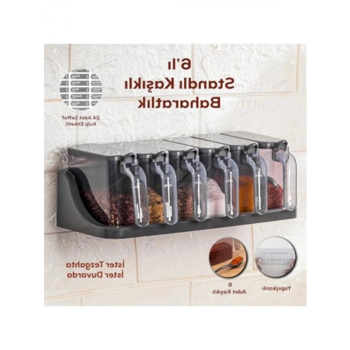 6lı Kapaklı Kaşıklı Baharatlık Takımı - Standlı, Antrasit