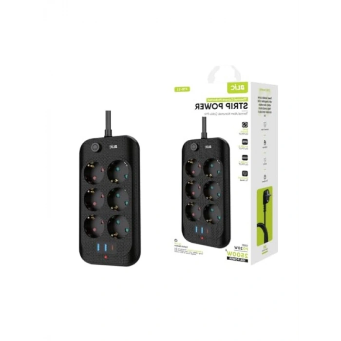 6lı Priz Soketi, 2x USB Girişli, Çocuk Korumalı, Uzatma Kablosu (2mt)