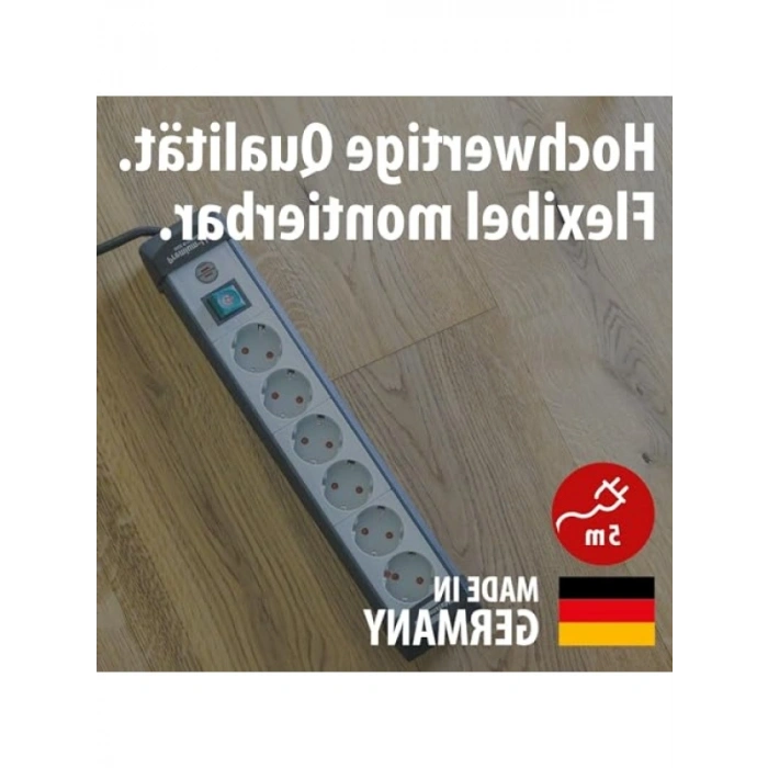 6lı Şalterli Çoklu Priz - 5m Kablolu, Duvara Montajlı