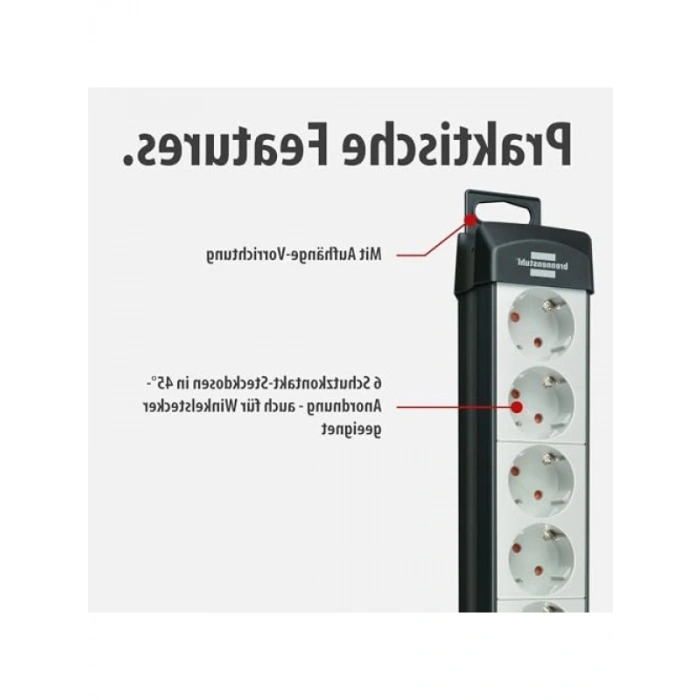 6lı Şalterli Çoklu Priz - 5m Kablolu, Duvara Montajlı