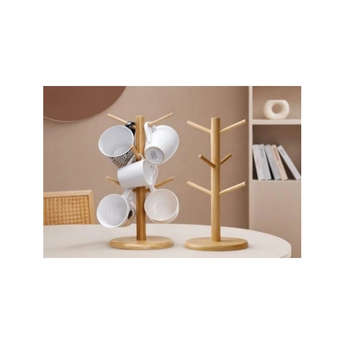 6lı Seramik Kupa Seti ve Bambu Kupa Askılığı