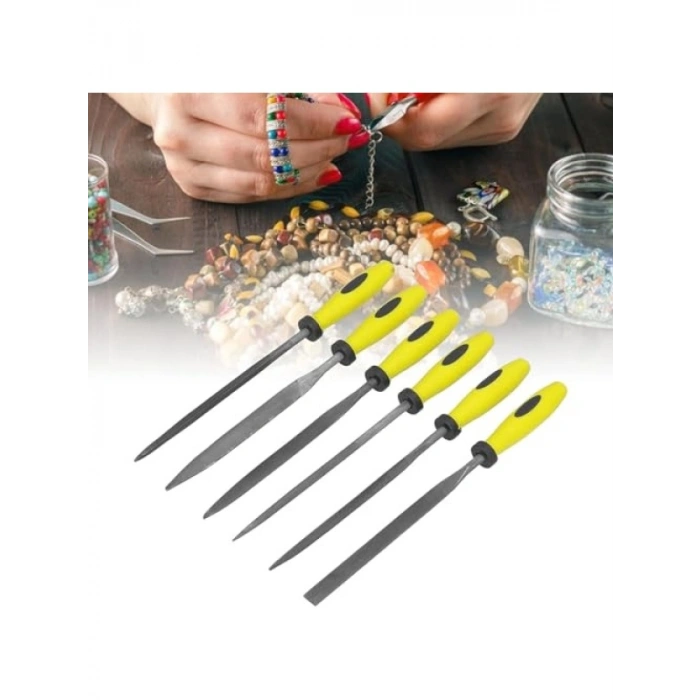 6 Parça Mini Çelik Eğe Seti - 17 cm Düz, Yuvarlak, Yarı Daire, Kare, Üçgen