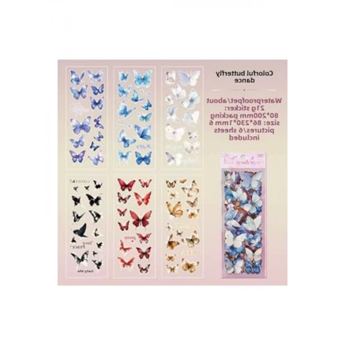 6 Sayfa 118 Adet Şeffaf Kelebek Sticker Seti, Bullet Journal için