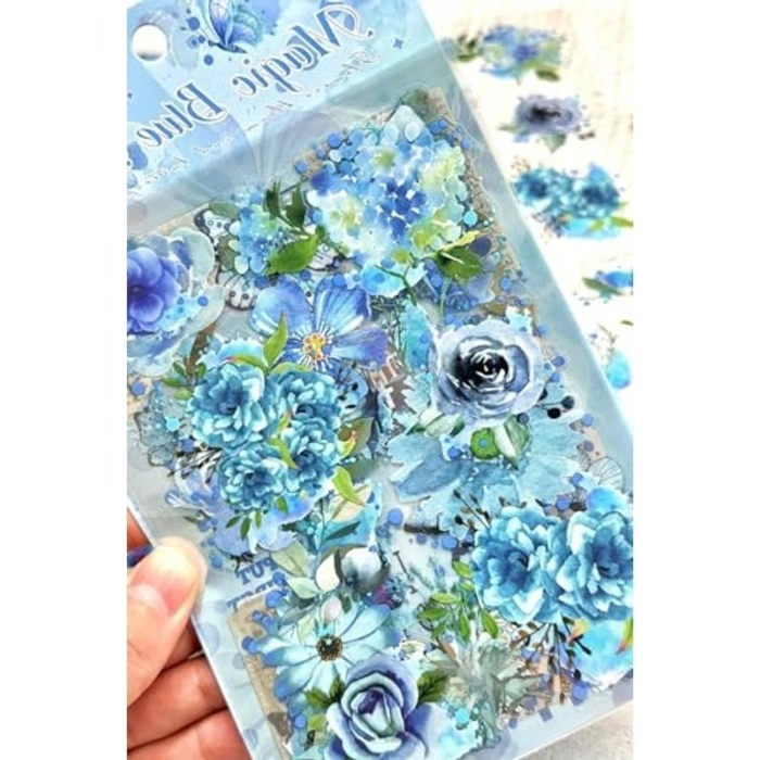 60 Adet Şeffaf Büyük Mavi Çiçek Sticker, Scrapbook için