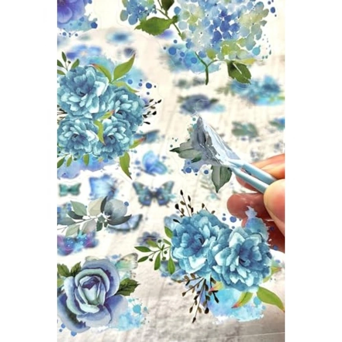 60 Adet Şeffaf Büyük Mavi Çiçek Sticker, Scrapbook için