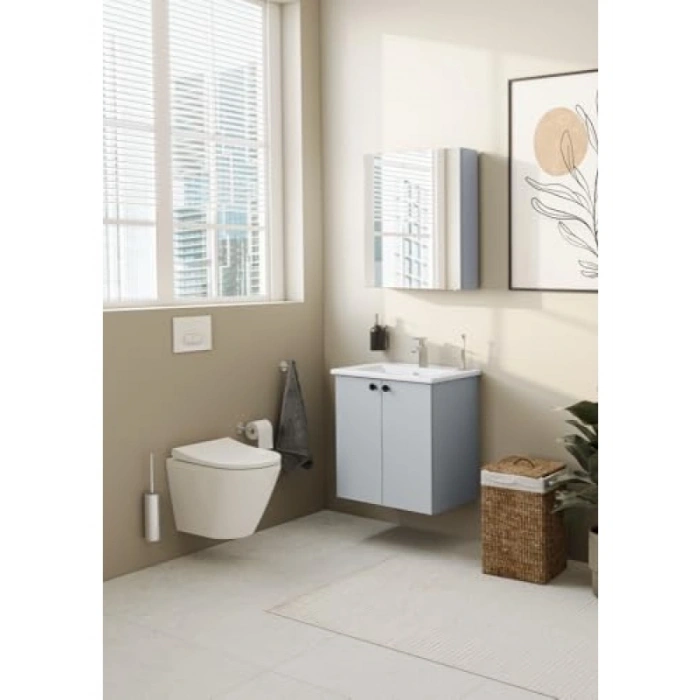 60 cm Genişliğinde Aynalı Banyo Dolabı, Sağ Kapaklı, Kül Gri