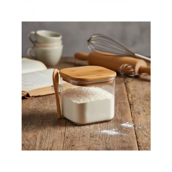 600 ml Bambu Kapaklı Cam Kavanoz - Kaşıklı Tasarım, Vakumlu Kapak