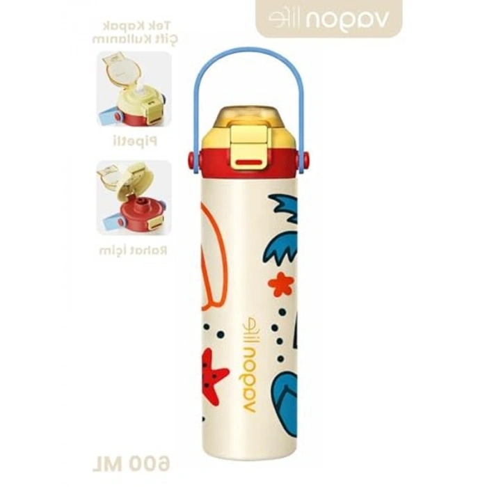 600 ML Paslanmaz Çelik Termos, Pipetli ve Kulplu
