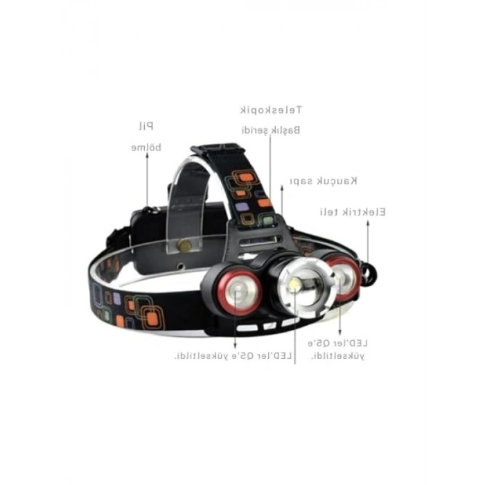 6000 Lümen Şarjlı Kafa Lambası - 3 Başlıklı Cree T6 Led