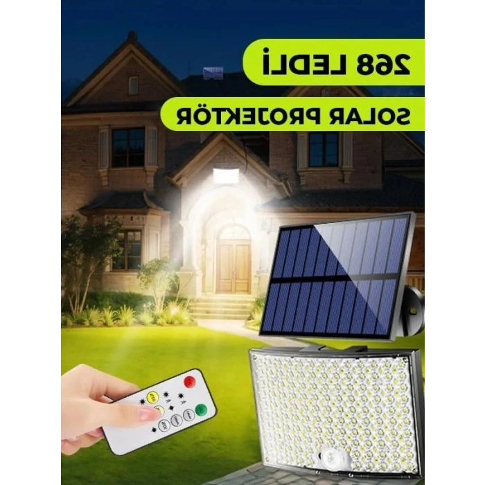 60W Güneş Enerjili 268 LEDli Projektör, Kumandalı Dış Mekan Aydınlatma