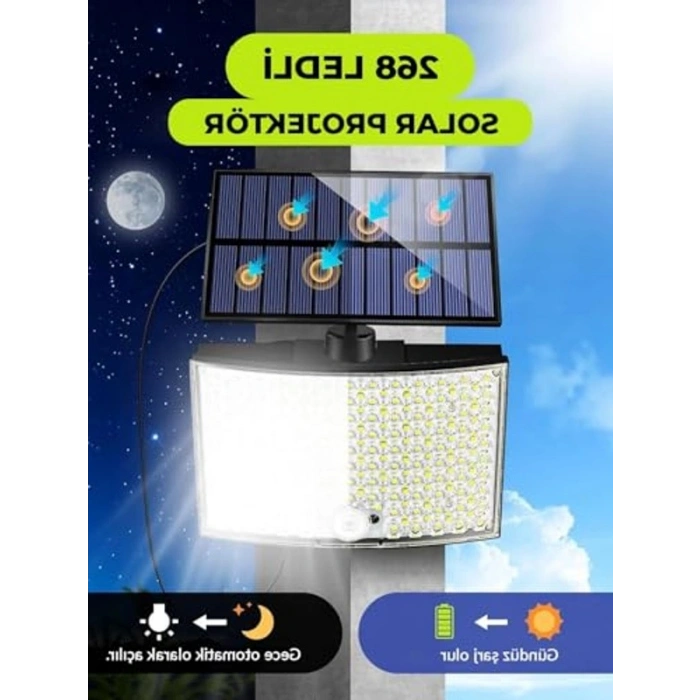 60W Güneş Enerjili 268 LEDli Projektör, Kumandalı Dış Mekan Aydınlatma