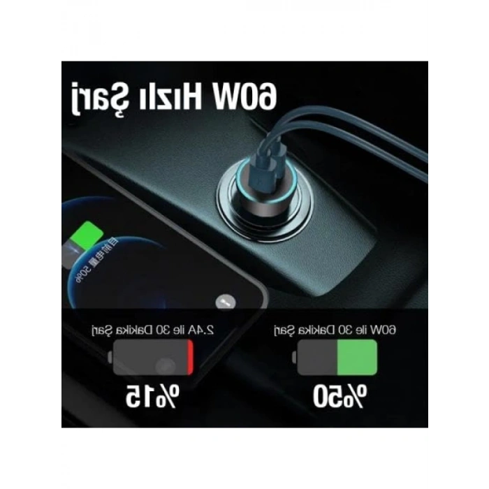 60W Turbo Araç Şarjı 2 Type-C Girişli, Akım Korumalı