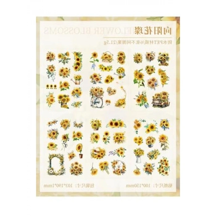 64 Adet Şeffaf Sarı Ayçiçeği Sticker, Bullet Journal İçin