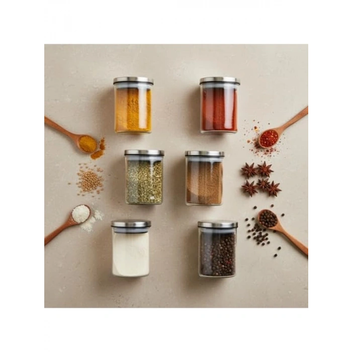 6’lı Metal Vakum Kapaklı Cam Baharatlık Seti, Hava Almaz Özellikte