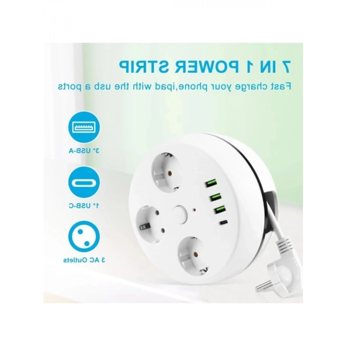 7 in 1 Akım Korumalı Grup Priz - Anahtarlı ve USB Bağlantılı